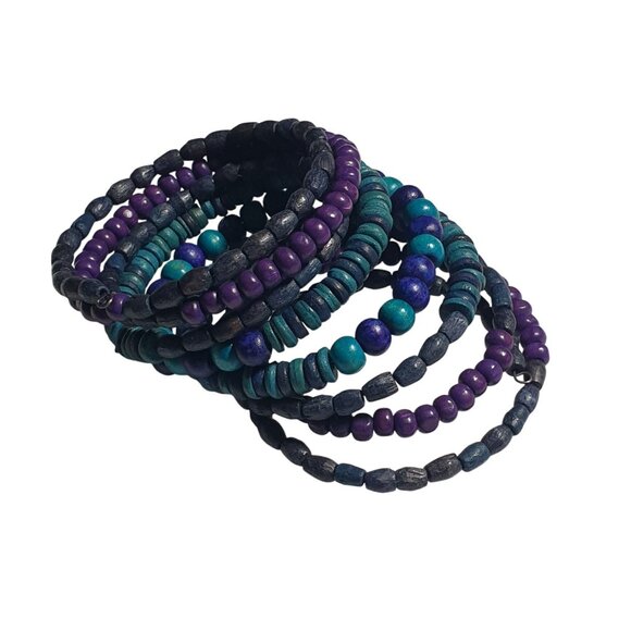 Wooden Beaded Bracelet Set Purple Teal Blue Handmade Stretch Stackable Boho Gift - Picture 1 of 4